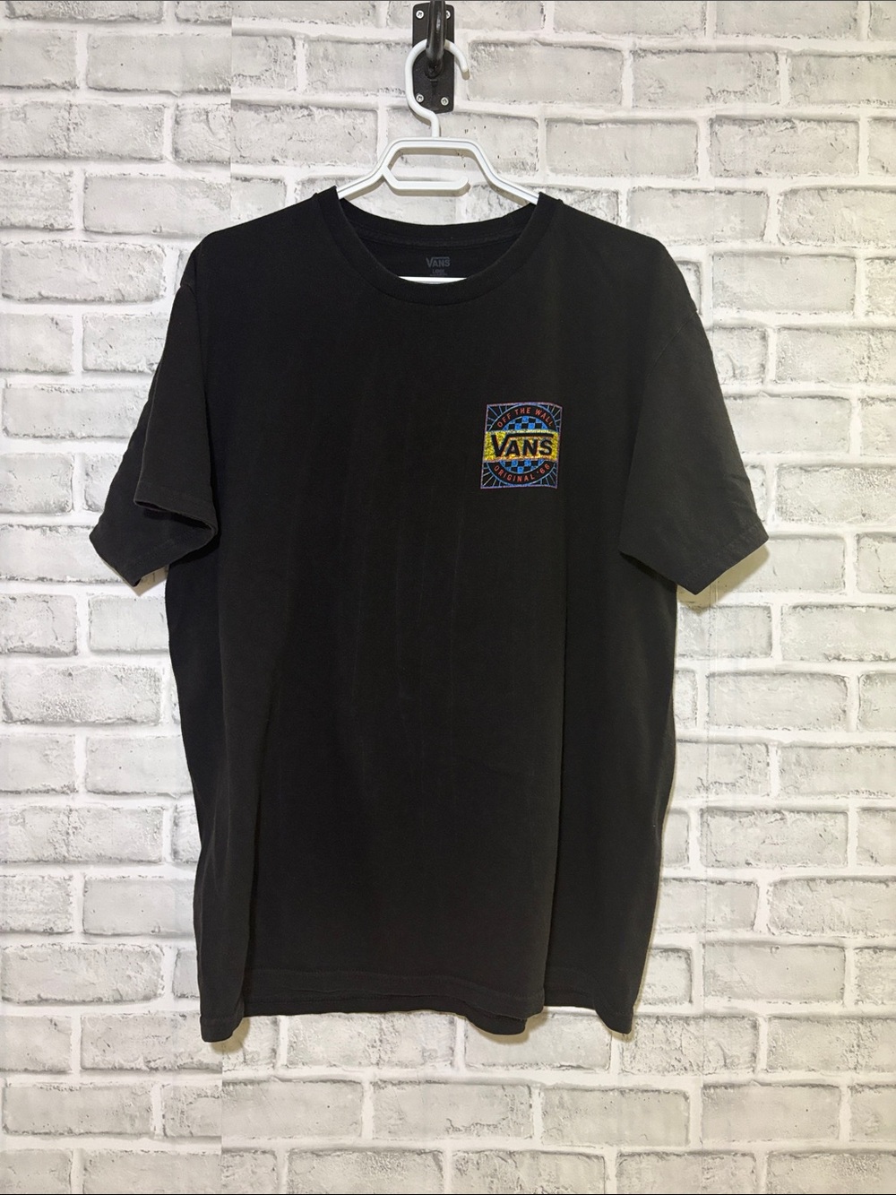 Vans Black Short Sleeve Tee with Colorful Chest Patch, Large